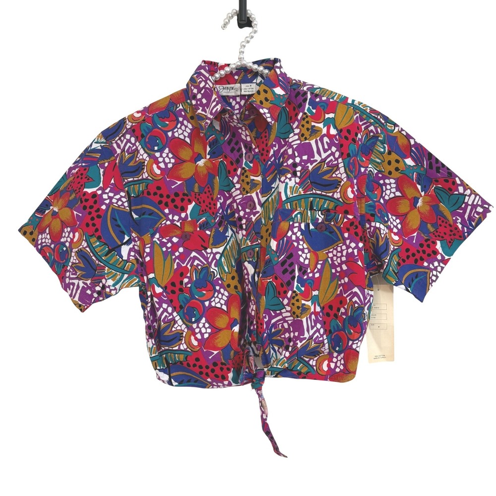 Vintage 80  Jaspe Tie Front Crop Top Abstract Floral Crazy Pattern NOS Cotton M